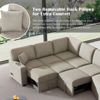 126 L-Shaped 6-Seat Sectional Sofa with Pull-Out Bed, USB Charging Ports, and Drop-Down Cup Holder Tables