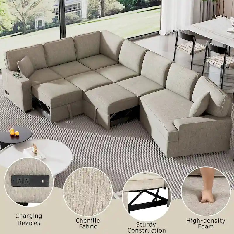 126 L-Shaped 6-Seat Sectional Sofa with Pull-Out Bed, USB Charging Ports, and Drop-Down Cup Holder Tables