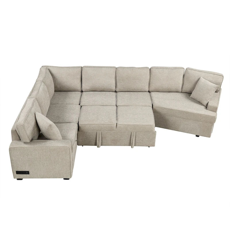 126 L-Shaped 6-Seat Sectional Sofa with Pull-Out Bed, USB Charging Ports, and Drop-Down Cup Holder Tables