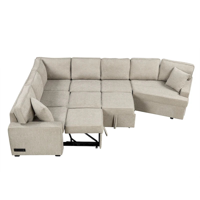 126 L-Shaped 6-Seat Sectional Sofa with Pull-Out Bed, USB Charging Ports, and Drop-Down Cup Holder Tables