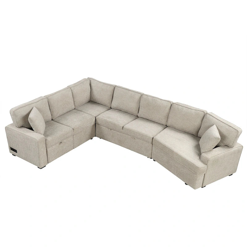 126 L-Shaped 6-Seat Sectional Sofa with Pull-Out Bed, USB Charging Ports, and Drop-Down Cup Holder Tables