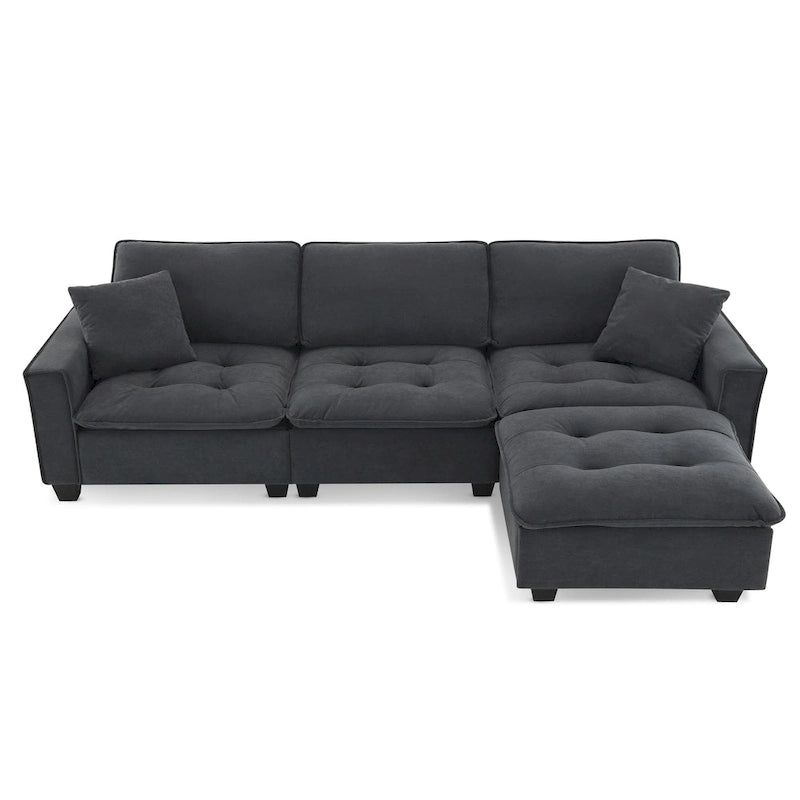 100 L-Shaped Convertible 4 Seater Sectional Sofa with Removable Ottoman and Matching Pillows, Suede Velvet Upholstery