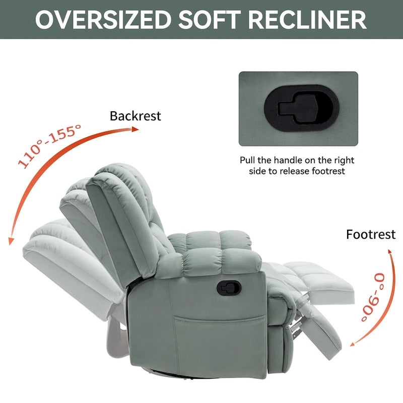 Green Oversized Fabric Recliner with 360 Swivel, Rocking Function, and Manual Controls for Maximum Comfort