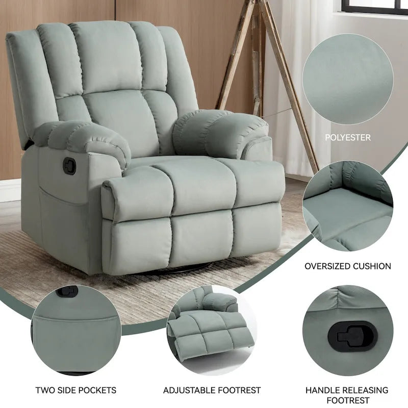 Green Oversized Fabric Recliner with 360 Swivel, Rocking Function, and Manual Controls for Maximum Comfort