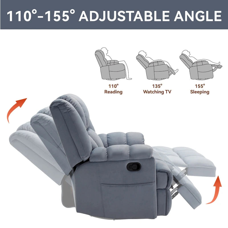 Green Oversized Fabric Recliner with 360 Swivel, Rocking Function, and Manual Controls for Maximum Comfort