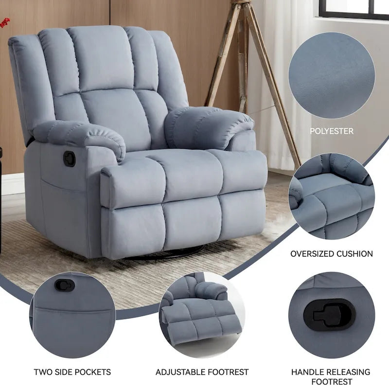 Green Oversized Fabric Recliner with 360 Swivel, Rocking Function, and Manual Controls for Maximum Comfort