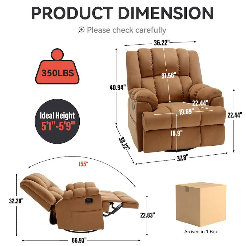 Green Oversized Fabric Recliner with 360 Swivel, Rocking Function, and Manual Controls for Maximum Comfort