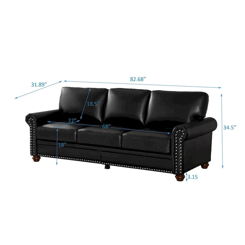 82.68 3-Seater Sofa PU Leather Sofa with Storage, Solid Wood And Metal Frame, 6-Leg Support, Under-Seat Storage Boxes