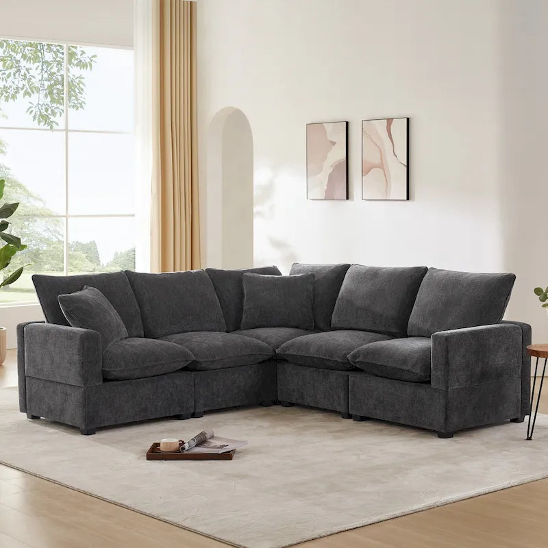 Black 84 Modular Chenille 5-Seat Corner Sectional Sofa Set with 2 Cushions, Great for Living Spaces or Apartments