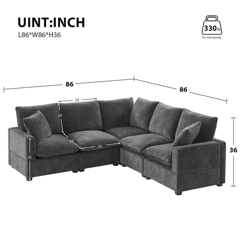 Black 84 Modular Chenille 5-Seat Corner Sectional Sofa Set with 2 Cushions, Great for Living Spaces or Apartments