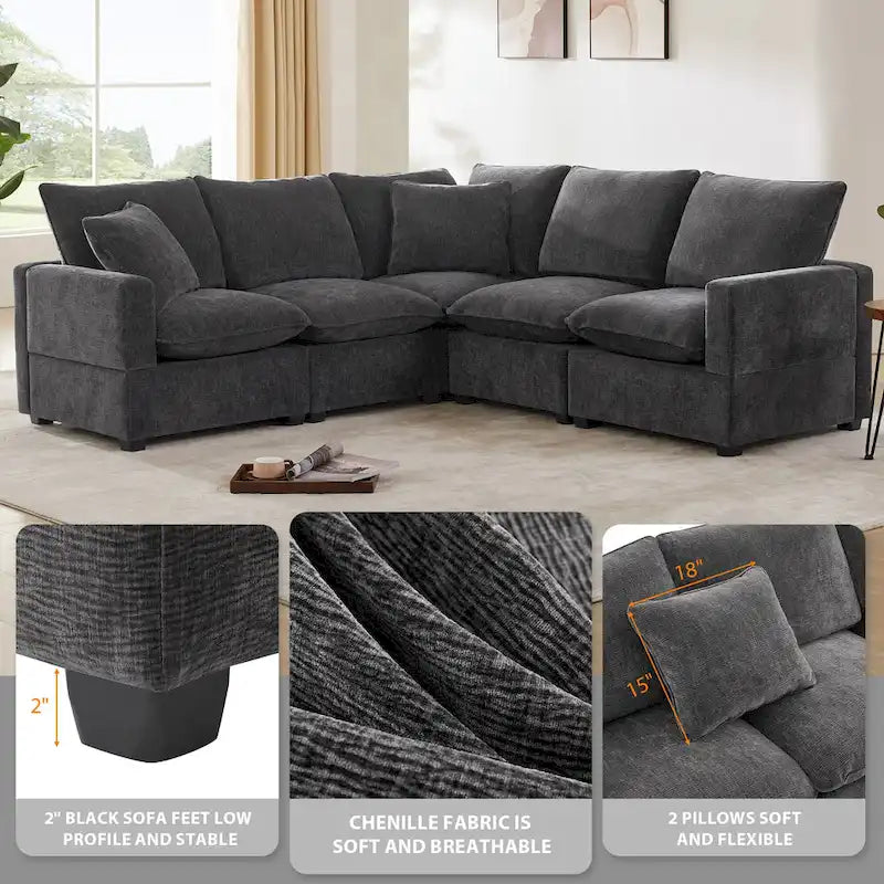 Black 84 Modular Chenille 5-Seat Corner Sectional Sofa Set with 2 Cushions, Great for Living Spaces or Apartments