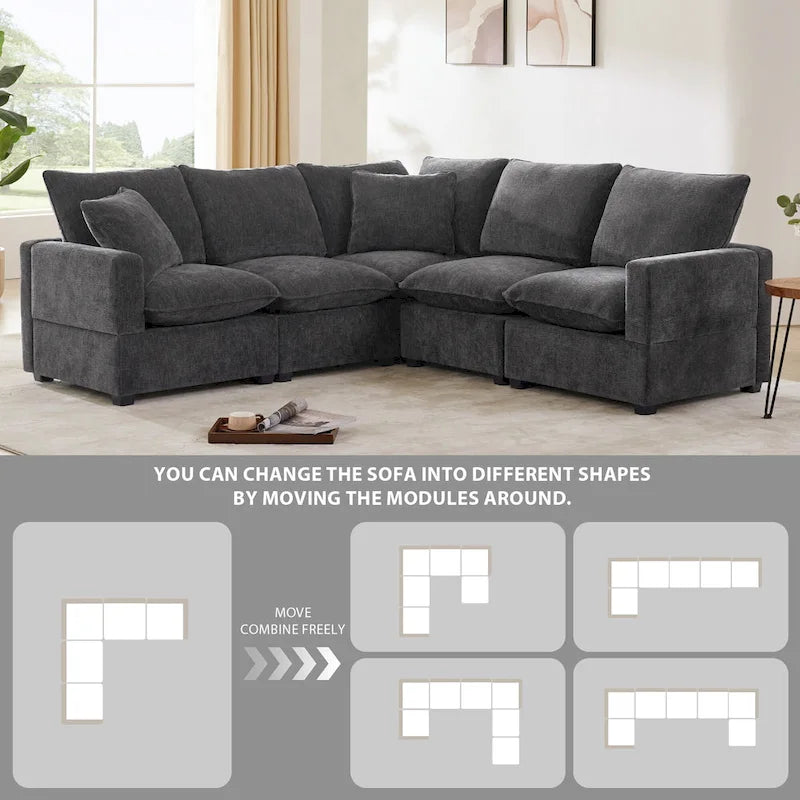 Black 84 Modular Chenille 5-Seat Corner Sectional Sofa Set with 2 Cushions, Great for Living Spaces or Apartments