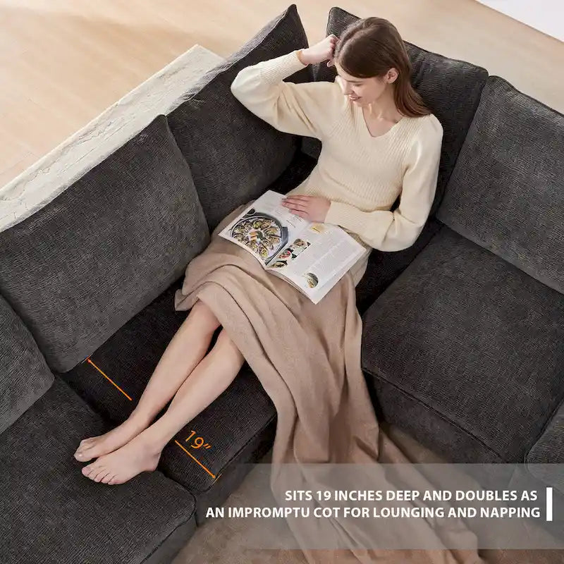 Black 84 Modular Chenille 5-Seat Corner Sectional Sofa Set with 2 Cushions, Great for Living Spaces or Apartments