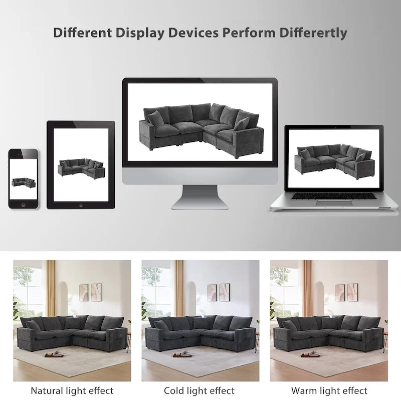 Black 84 Modular Chenille 5-Seat Corner Sectional Sofa Set with 2 Cushions, Great for Living Spaces or Apartments