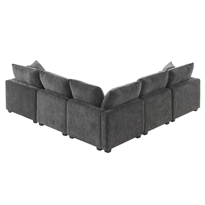 Black 84 Modular Chenille 5-Seat Corner Sectional Sofa Set with 2 Cushions, Great for Living Spaces or Apartments