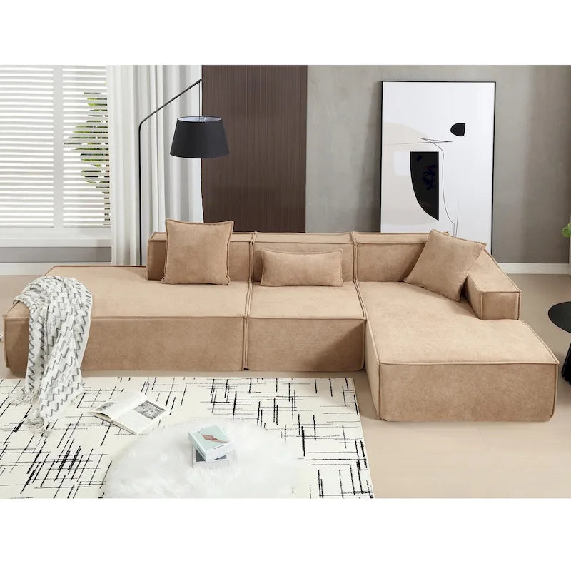 129.5 Minimalist Modular L-Shaped 4-Seat Sofa Set with Chaise