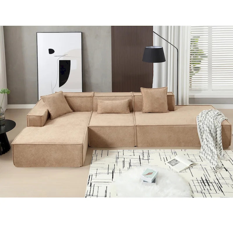 129.5 Minimalist Modular L-Shaped 4-Seat Sofa Set with Chaise