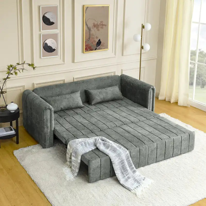 Modern 68 Foam 3 in 1 Pull-Out 3-seaters Bed Sleeper Sofa with Copper Nails and Two Drawers
