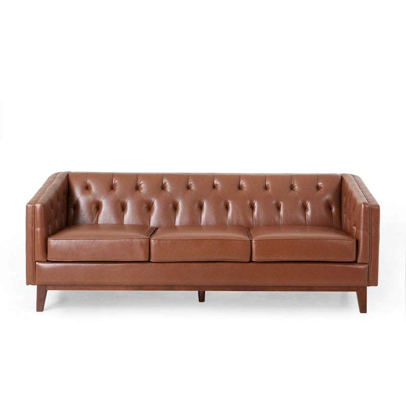 Light Brown Modern 81 Faux Leather Button Tufted 3-seater Sofa with Wood Legs for Living Room