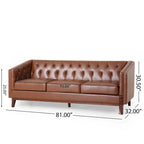 Light Brown Modern 81 Faux Leather Button Tufted 3-seater Sofa with Wood Legs for Living Room