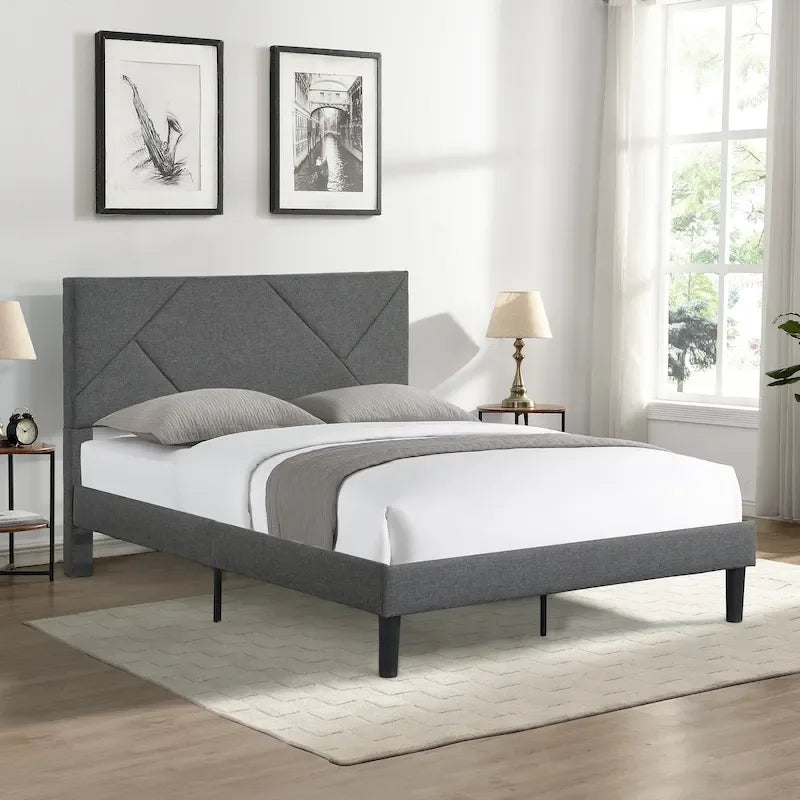 Queen Size Upholstered Bed with Strong Wood Slat Support