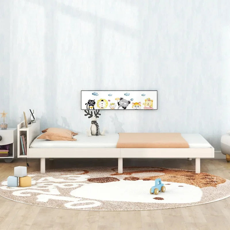White Washed Twin Platform Bed with Built-in USB Port