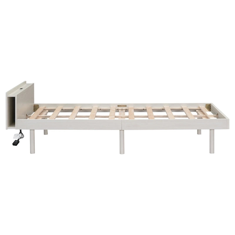 White Washed Twin Platform Bed with Built-in USB Port