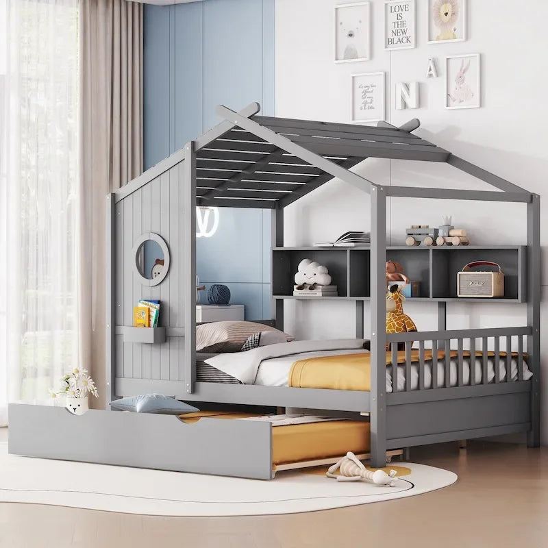 Gray Full Size Queen Upholstered Bed with Wingback Headboard and Four Drawers