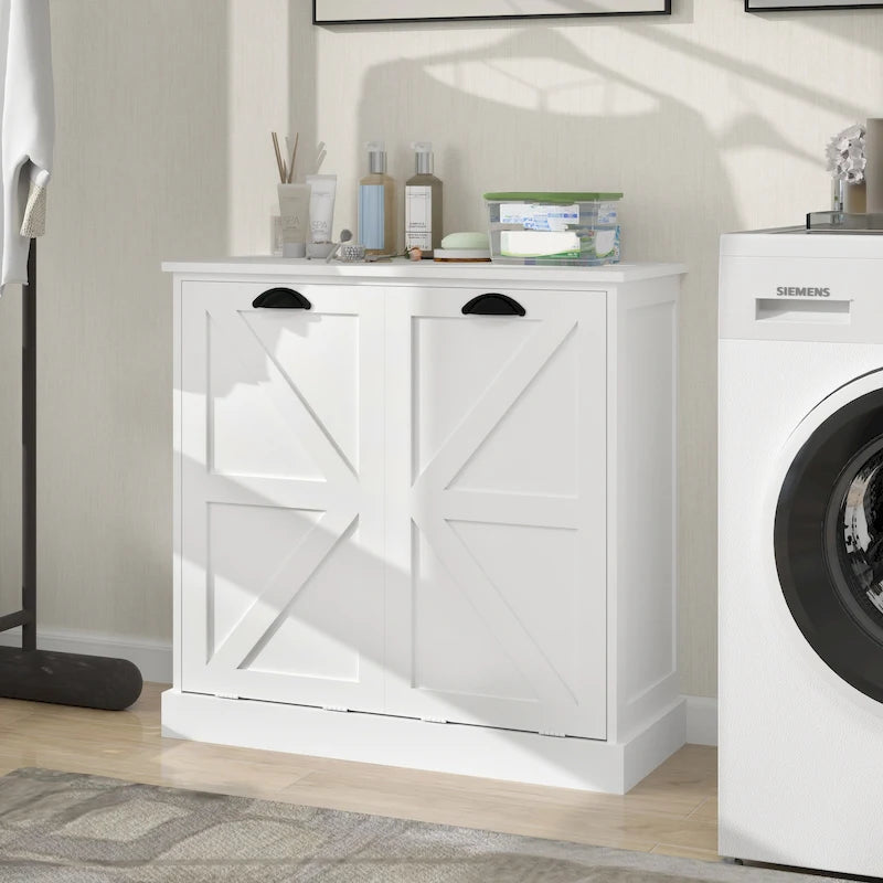 Modern Laundry Sorter Cabinet with Two Compartments and Removable Cloth Bags