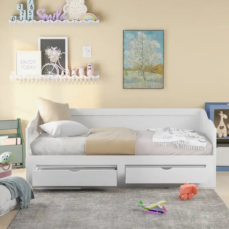 White Twin Pine Wood Extendable Daybed with 2 Storage Drawers