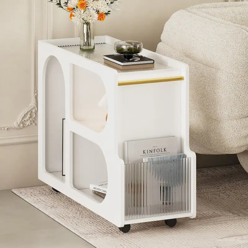 31.5 Modern Mobile End Table with 5mm Thick Fluted Tempered Glass, Lockable Wheels and Golden Round Rod