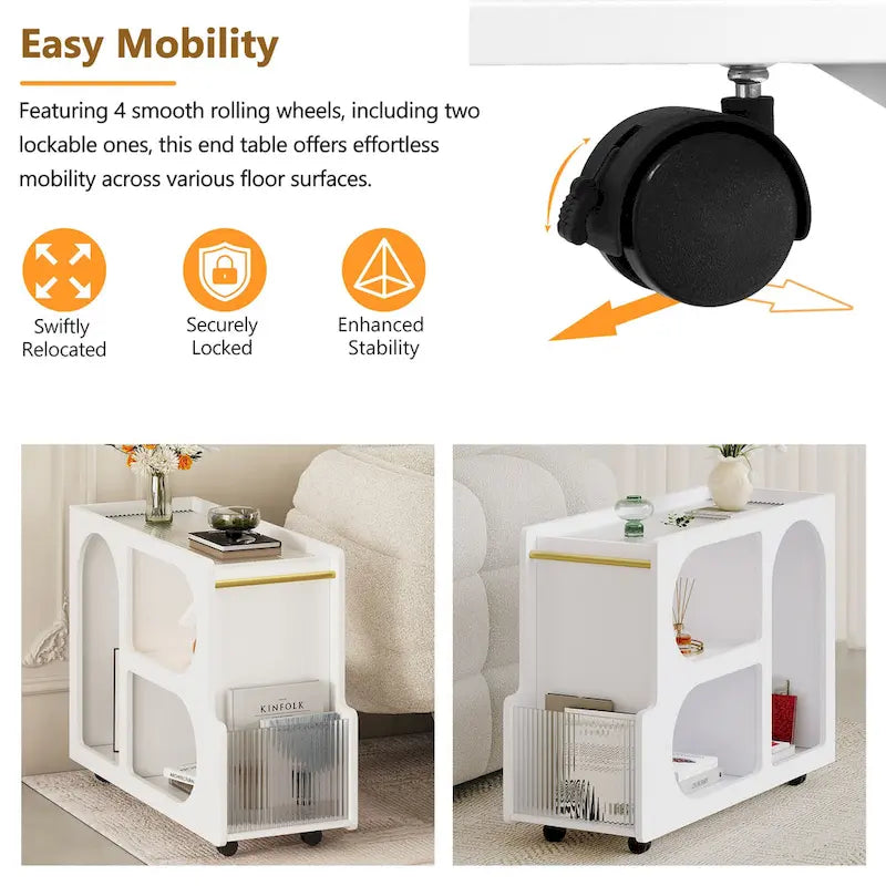 31.5 Modern Mobile End Table with 5mm Thick Fluted Tempered Glass, Lockable Wheels and Golden Round Rod