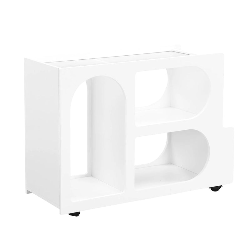 31.5 Modern Mobile End Table with 5mm Thick Fluted Tempered Glass, Lockable Wheels and Golden Round Rod