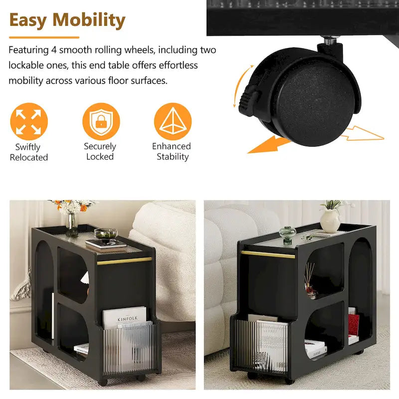 31.5 Modern Mobile End Table with 5mm Thick Fluted Tempered Glass, Lockable Wheels and Golden Round Rod