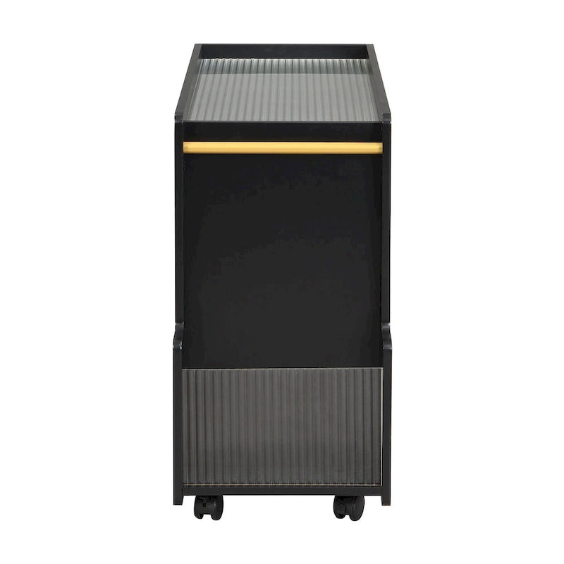 31.5 Modern Mobile End Table with 5mm Thick Fluted Tempered Glass, Lockable Wheels and Golden Round Rod