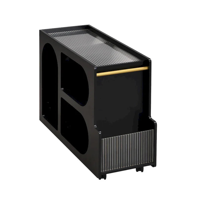 31.5 Modern Mobile End Table with 5mm Thick Fluted Tempered Glass, Lockable Wheels and Golden Round Rod