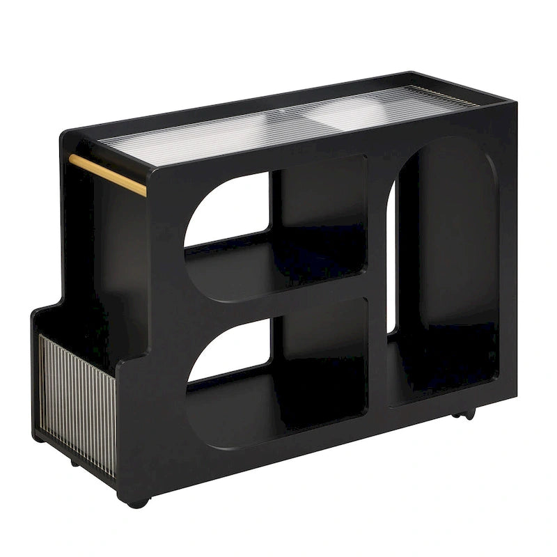 31.5 Modern Mobile End Table with 5mm Thick Fluted Tempered Glass, Lockable Wheels and Golden Round Rod