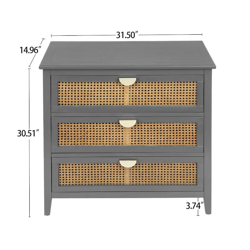 3-Drawer Bachelors Chest Cabinet with Hollow-Carved, Natural Rattan, American Furniture, Suitable for Bedroom, Living room