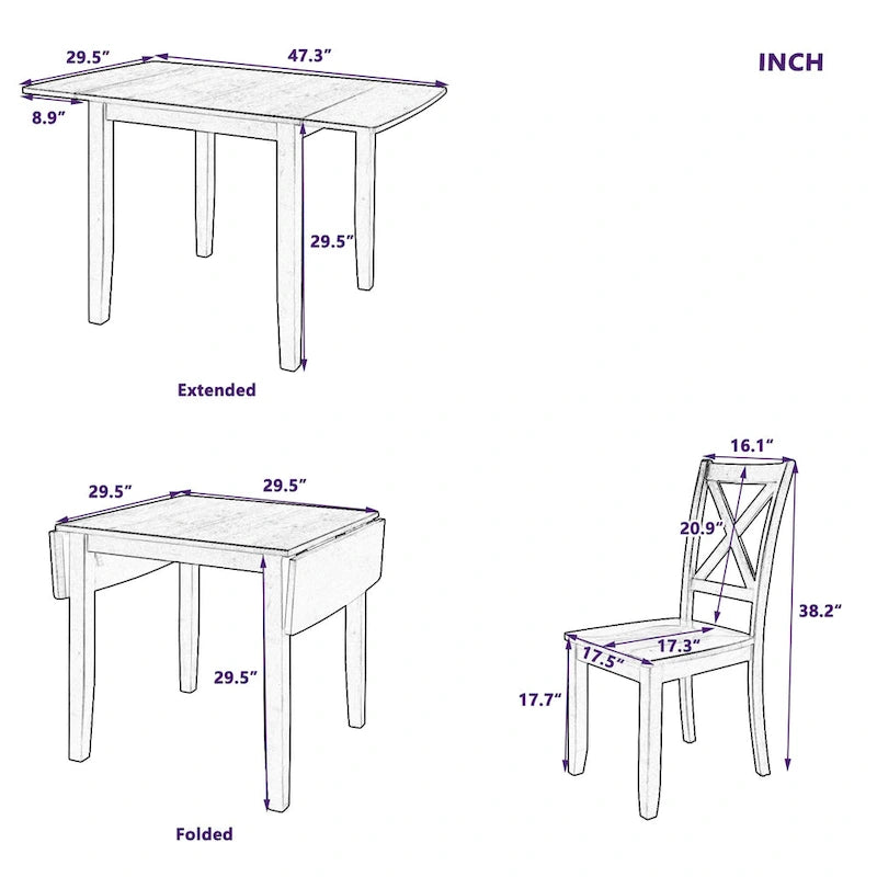 3-Piece Wooden Breakfast Nook Dining Table Set with Drop Leaf Table