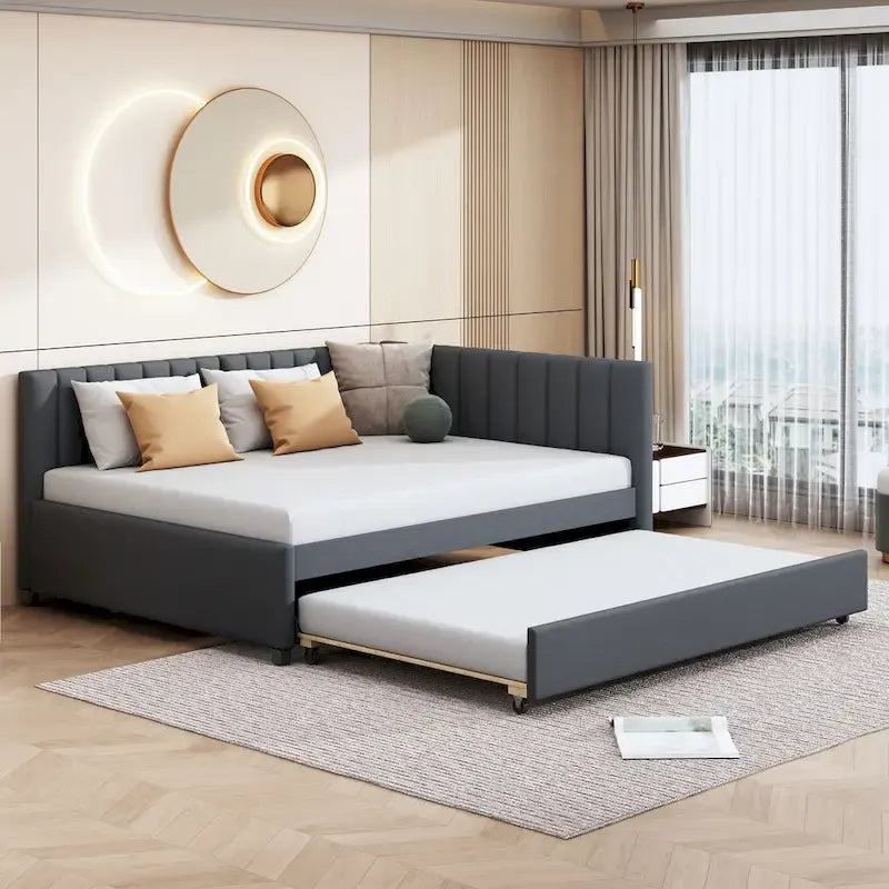 Gray Full Size Linen Upholstered Daybed with Trundle