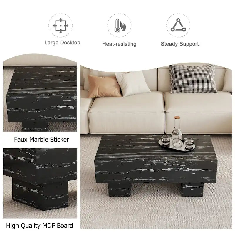 43.3 MDF Coffee Table with Black Marble Texture, 300lbs Capacity