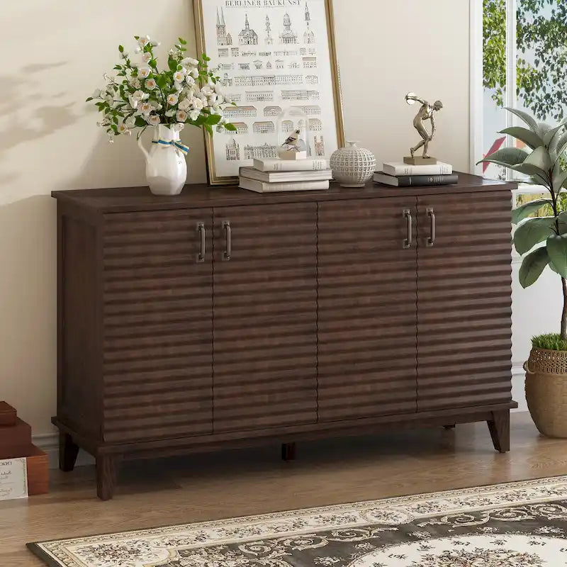 Retro Style 4-Door Sideboard with Adjustable Shelves and Metal Handles for Kitchen, Living Room, Dining Room