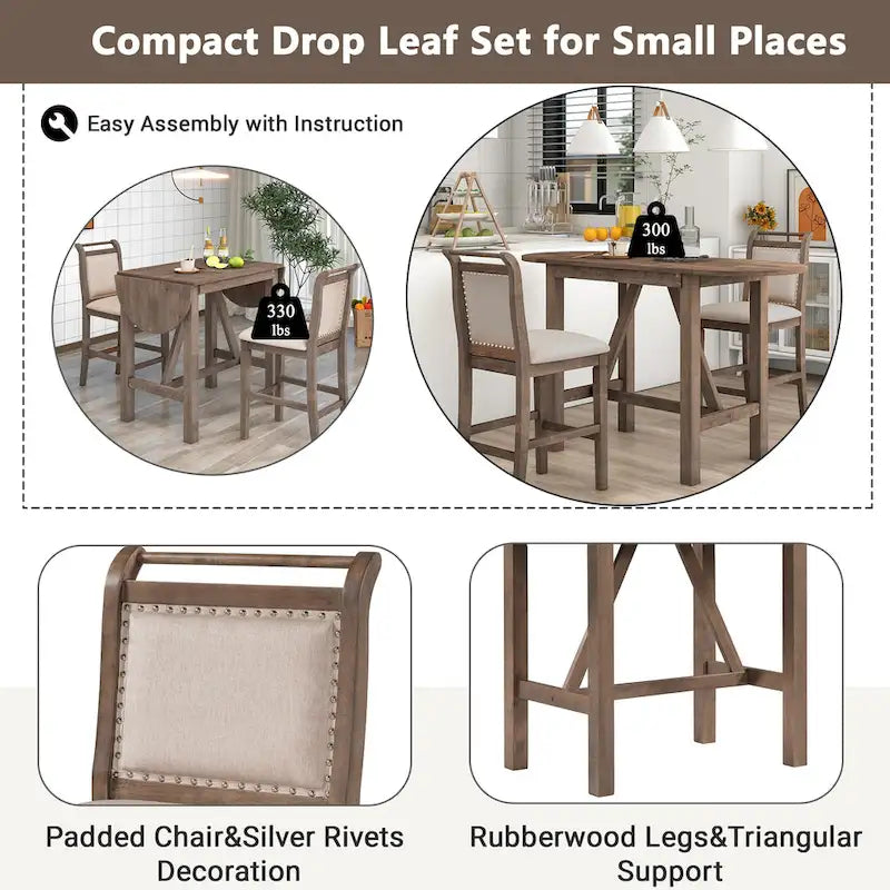 3-Piece Wooden Counter Height Dining Table Set with Drop Leaf Table & 2 Chairs