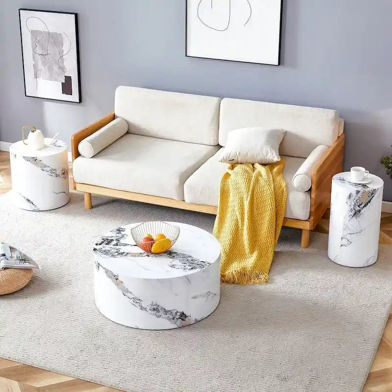 Modern 3-piece Round Coffee Table Set with Wood Grain Sticker Desktop for Living Room