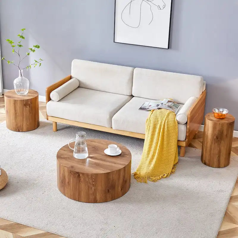 Modern 3-piece Round Coffee Table Set with Wood Grain Sticker Desktop for Living Room
