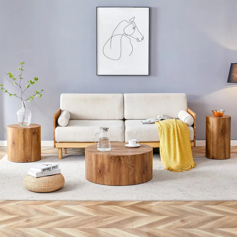Modern 3-piece Round Coffee Table Set with Wood Grain Sticker Desktop for Living Room