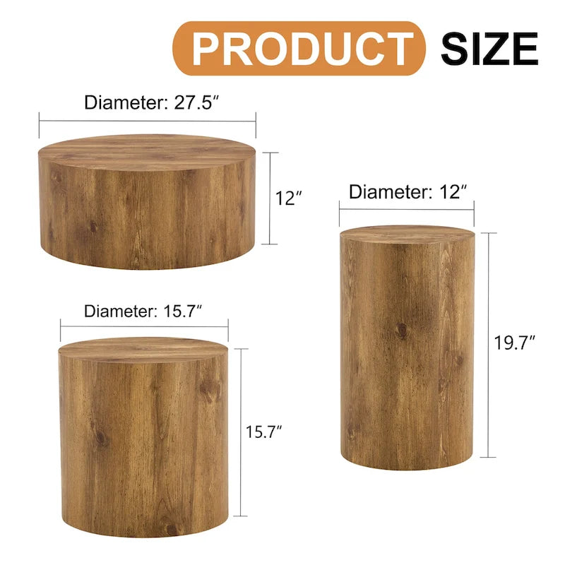 Modern 3-piece Round Coffee Table Set with Wood Grain Sticker Desktop for Living Room