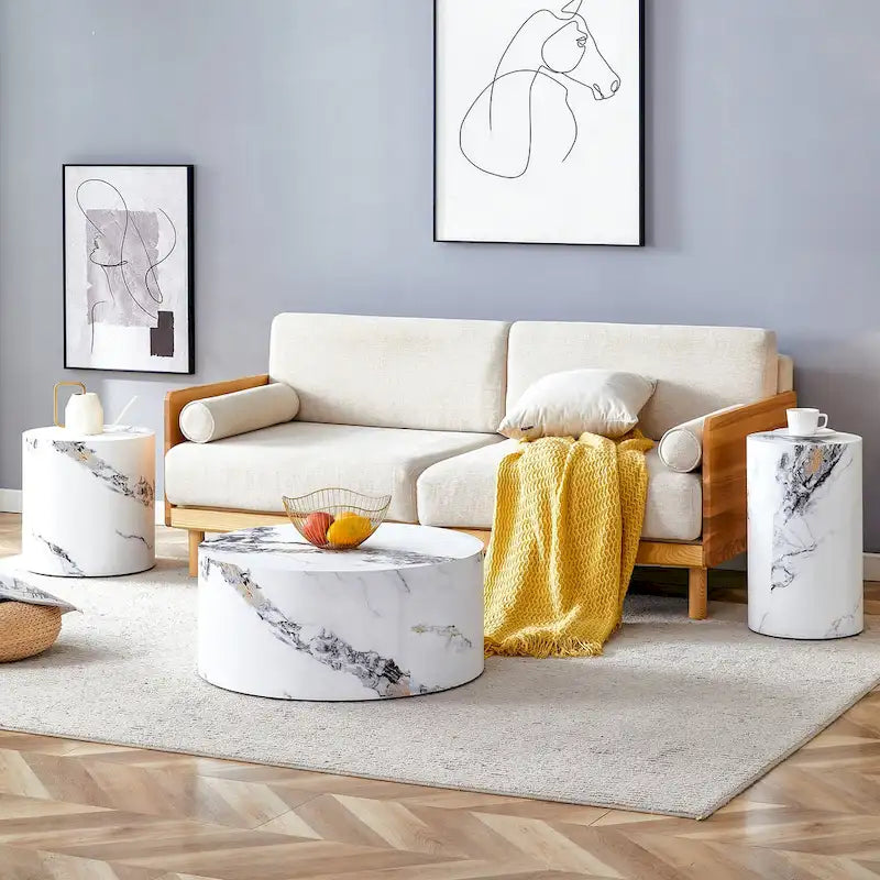 Modern 3-piece Round Coffee Table Set with Wood Grain Sticker Desktop for Living Room