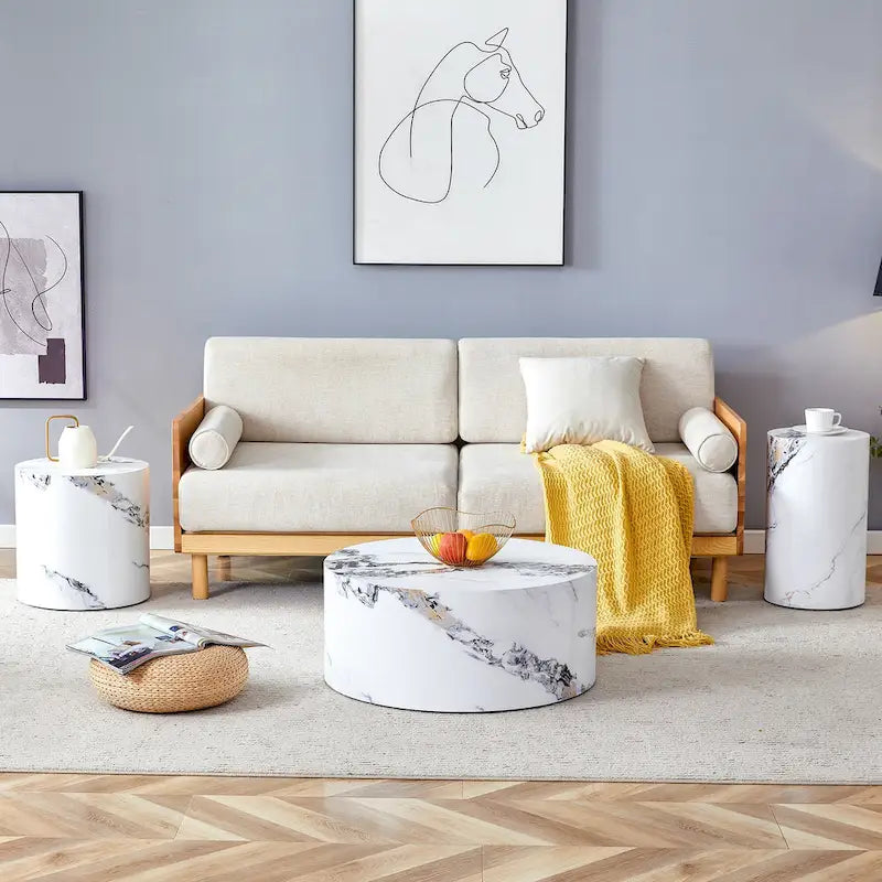 Modern 3-piece Round Coffee Table Set with Wood Grain Sticker Desktop for Living Room