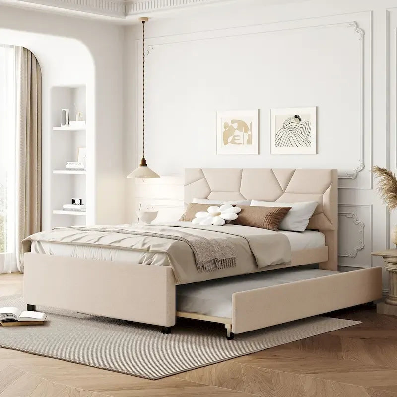 Linen Upholstered Platform Bed Frame with Trundle and Brick Pattern Headboard